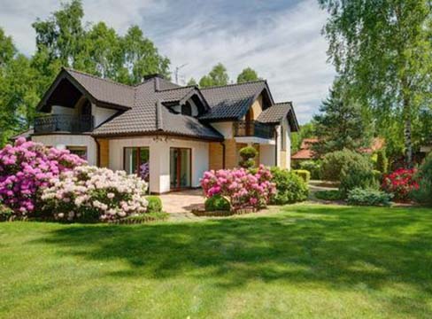 Well-maintained home with lush green lawn and flowering shrubs